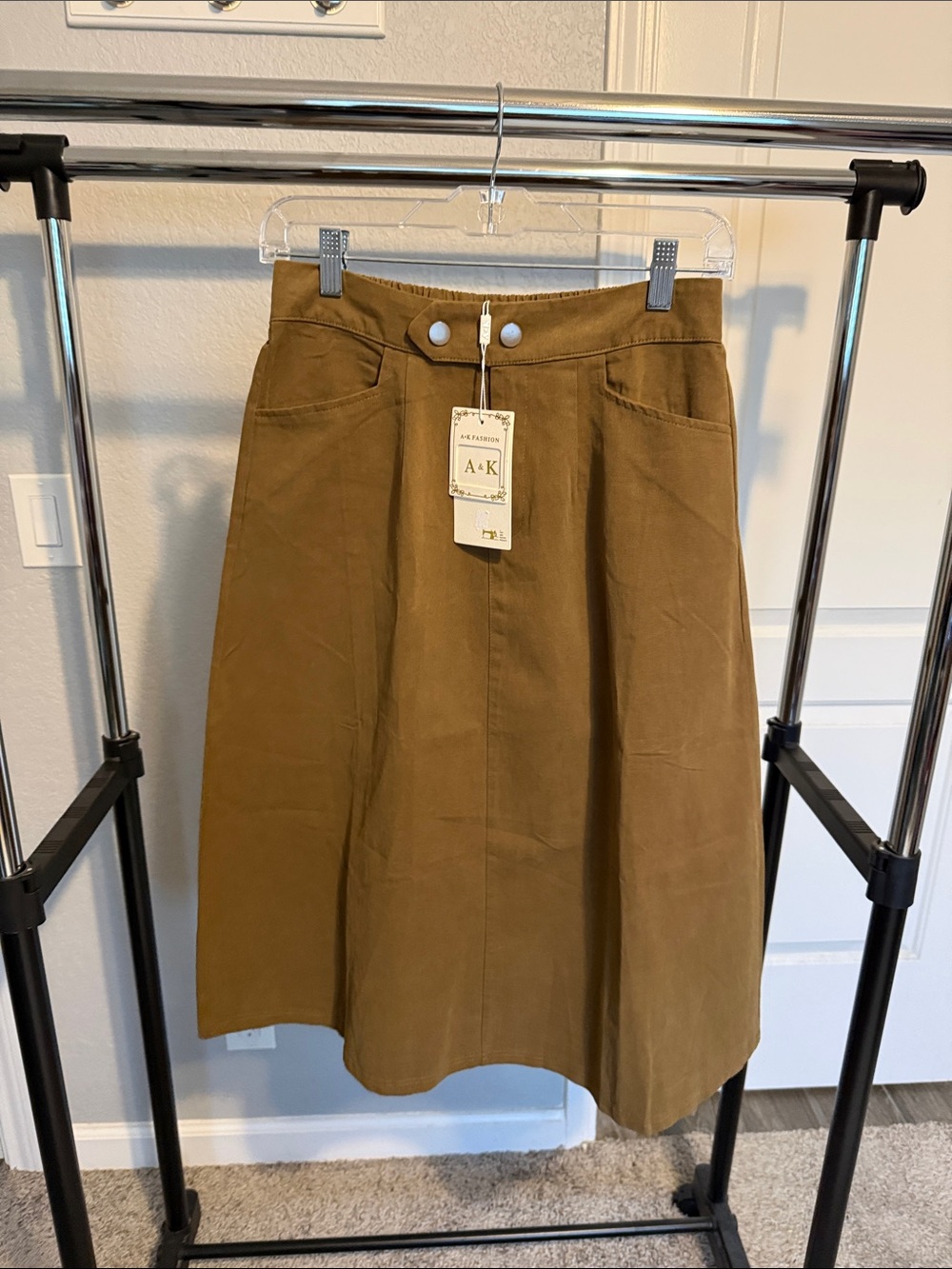 A-Line  Denim Midi Skirt in Olive Brown